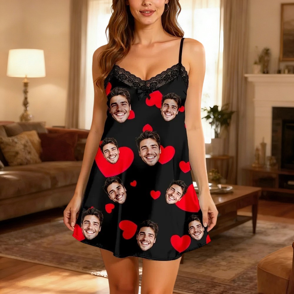 Custom Lace Nightgown with Your Face Red Heart Love Unique Valentine's Day Gift for Her