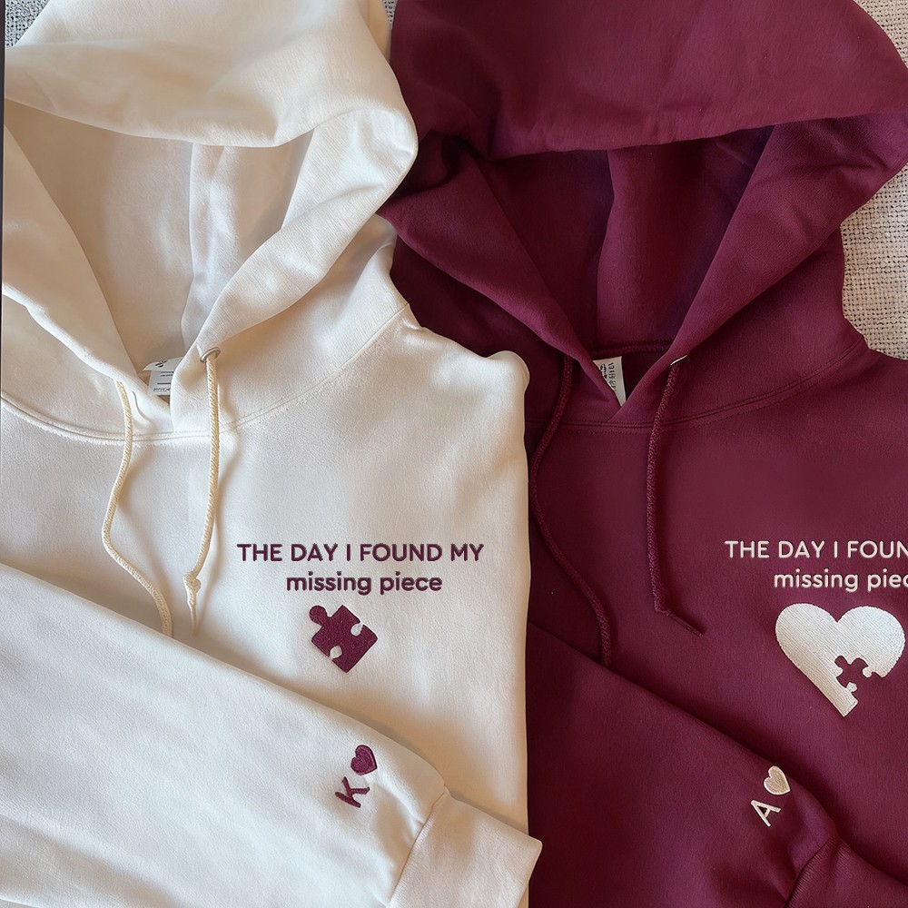 Custom Embroidered Heart and Puzzle Piece Couples Hoodie with Initial On Sleeve Anniversary Gift Valentine's Day Gifts
