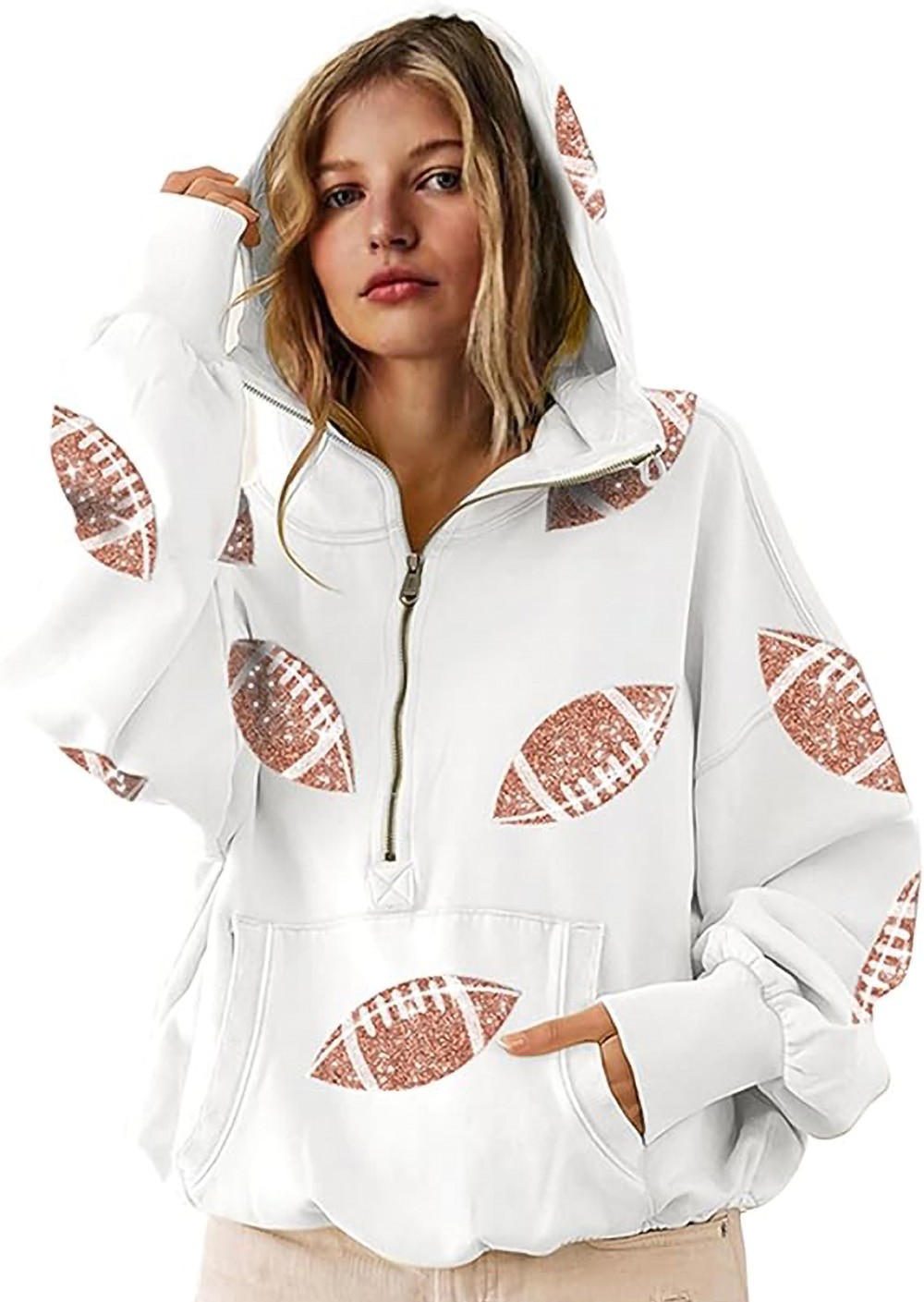 Personalized Football Sequin Hoodie Sparkly Zip Up Sweatshirt with Pocket Unique Gift for Game Day