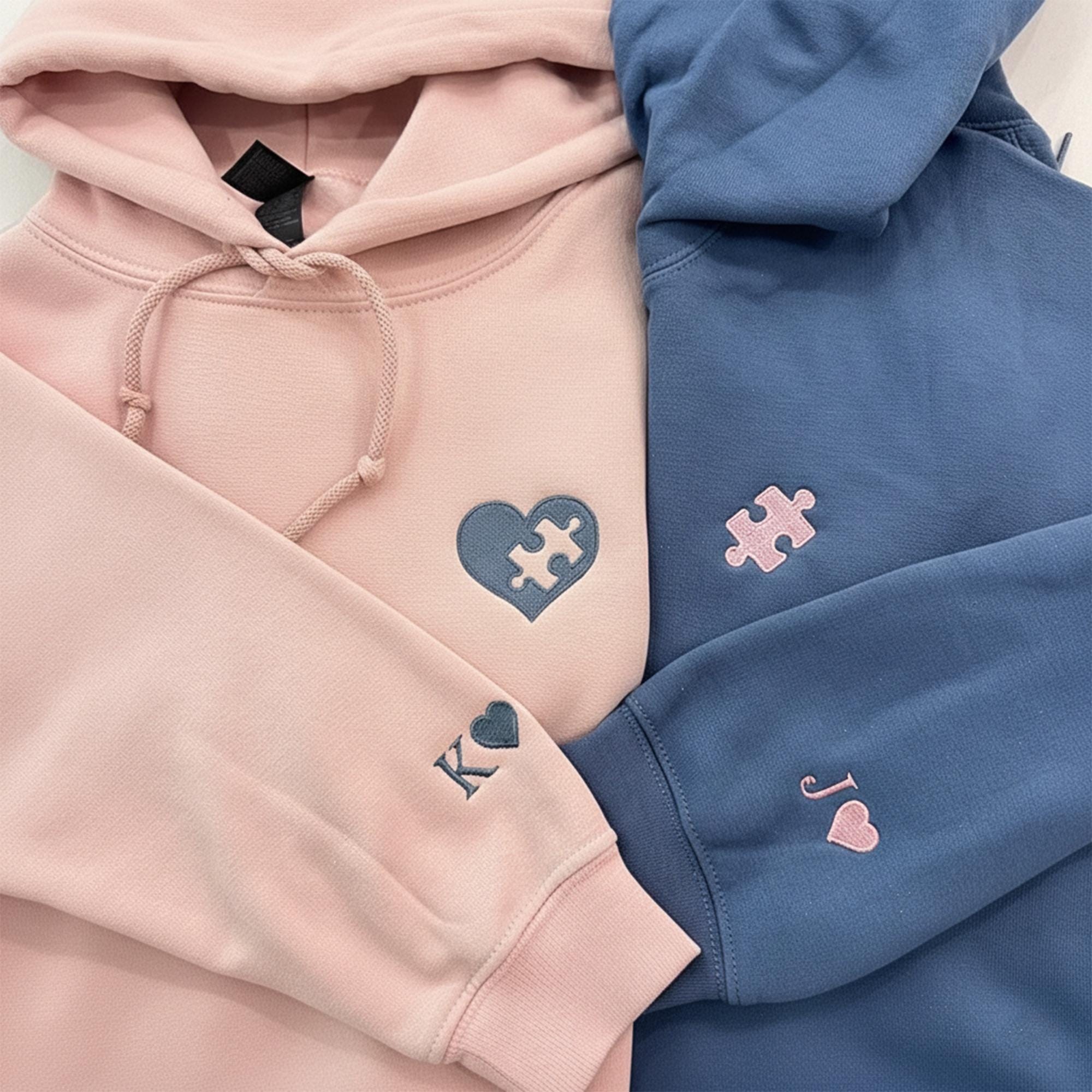Custom Embroidered Heart and Puzzle Piece Couples Hoodie with Initial On Sleeve Anniversary Gift Valentine's Day Gifts