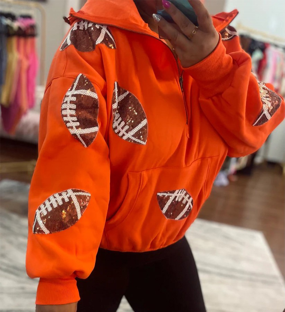 Custom Football Sequin Hoodie Sparkly Zip Up Sweatshirt with Pocket Game Day Gift