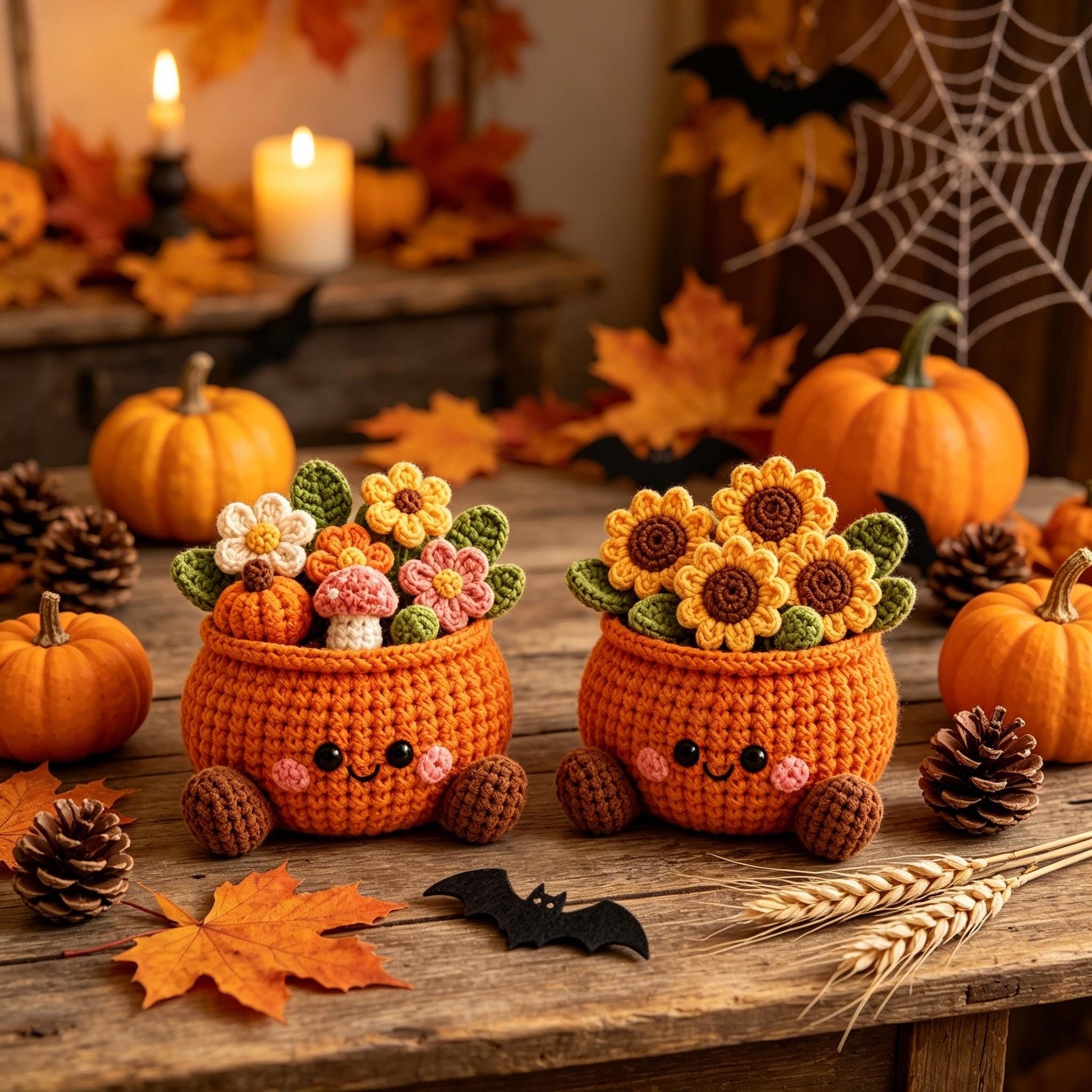 Crochet Pumpkin Flower  Pot Holiday Decor