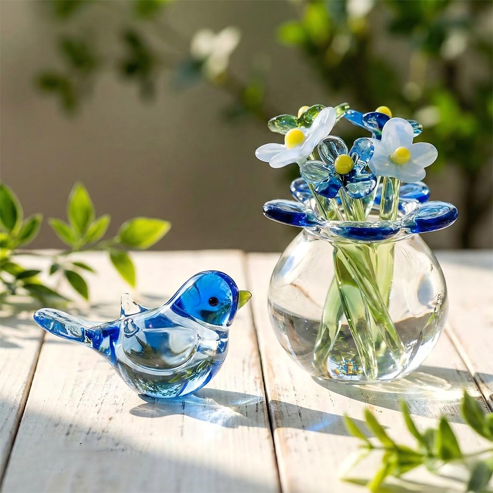 Handmade Mini Glass Flower Bouquet with Bird Timeless Gift for Mom or Friend