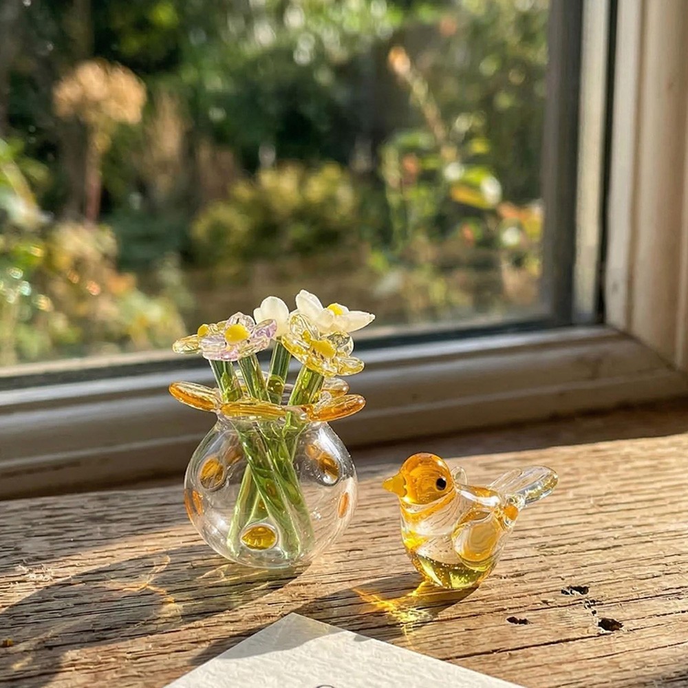 Handmade Mini Glass Flower Bouquet with Bird Timeless Gift for Mom or Friend