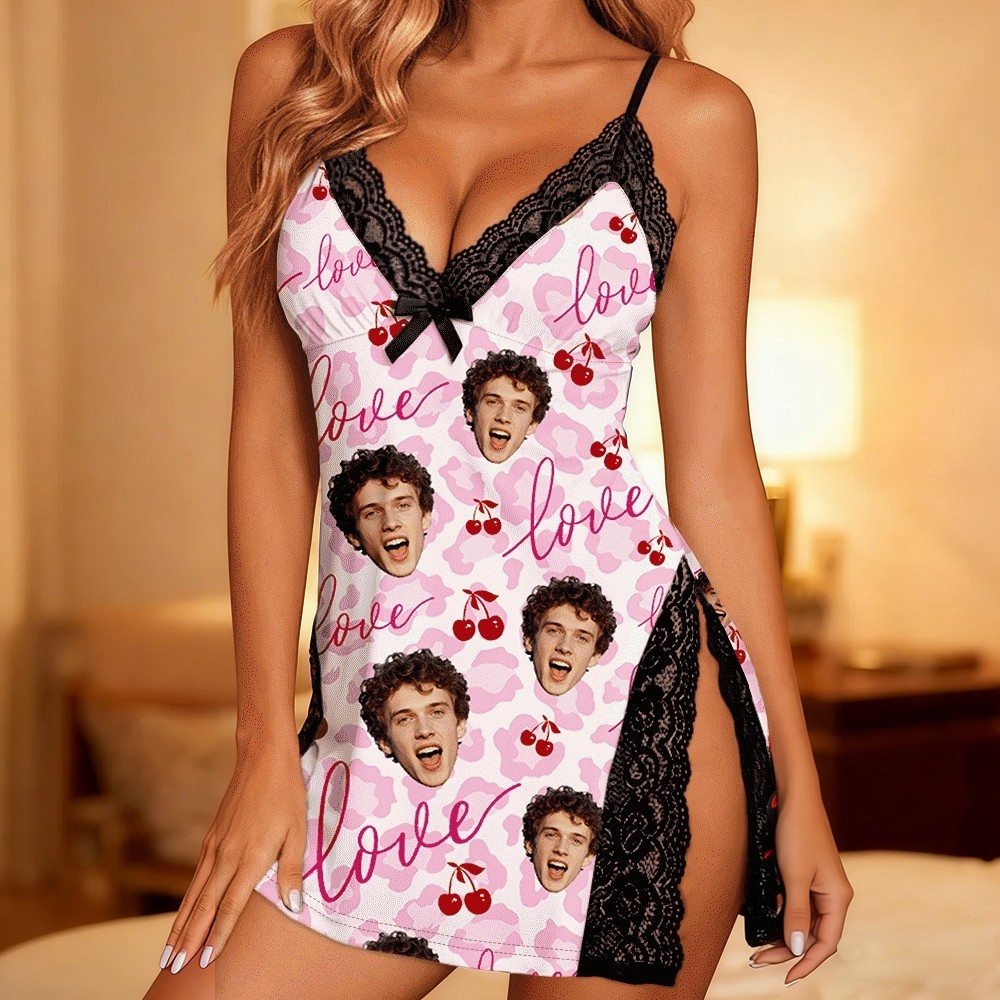 Custom Lace Nightgown With Your Face Cherry Graphic Love Unique Gifts for Her Valentine's Day Gift Ideas