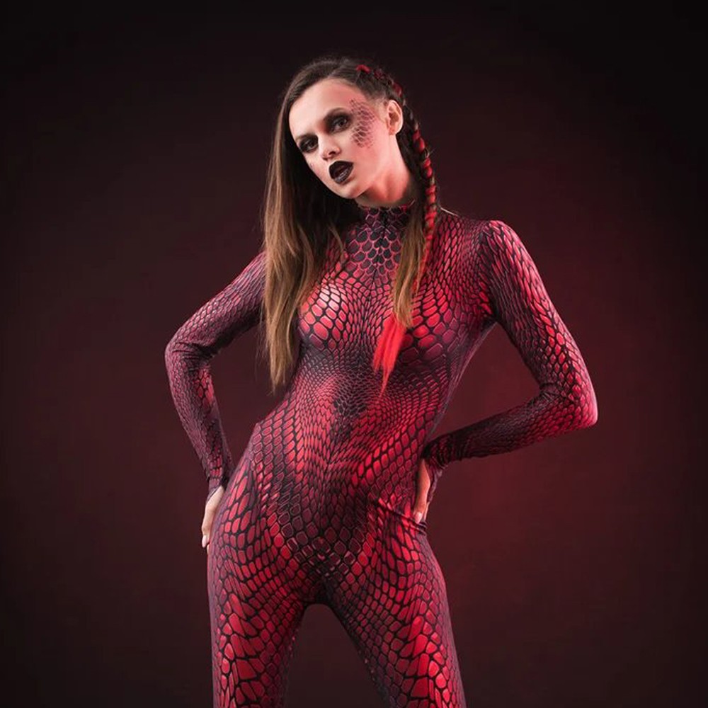 RED MAMBA Costume Catsuit with Tattoo Back Detail Perfect Halloween Gift Idea for Women