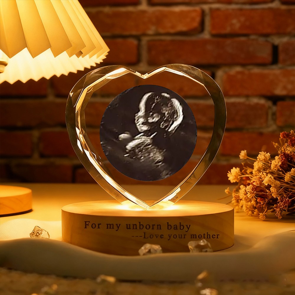 Personalized Heart 3D Crystal Baby Ultrasound Photo Portrait Night Light with Base New Mom Gift Christmas Gifts