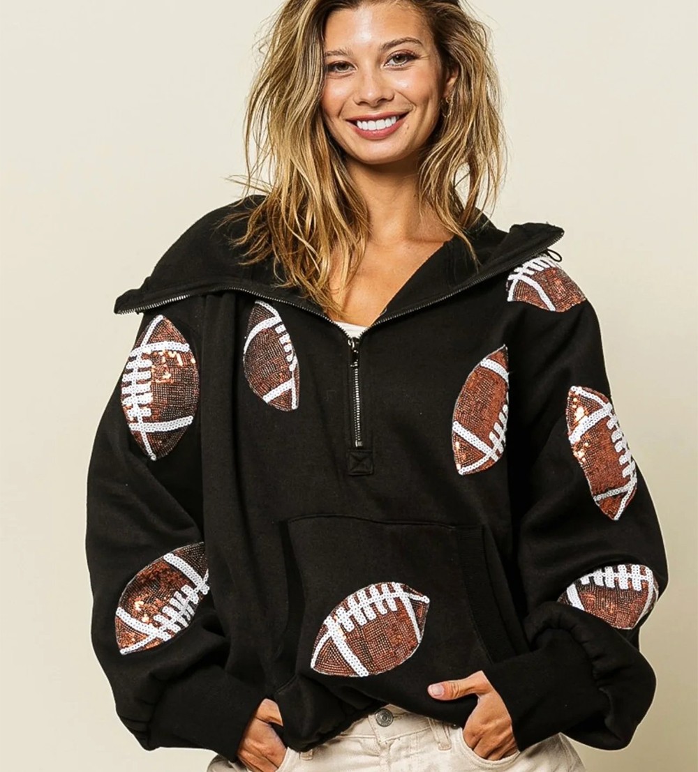 Custom Football Sequin Hoodie Sparkly Zip Up Sweatshirt with Pocket Unique Gift for Game Day
