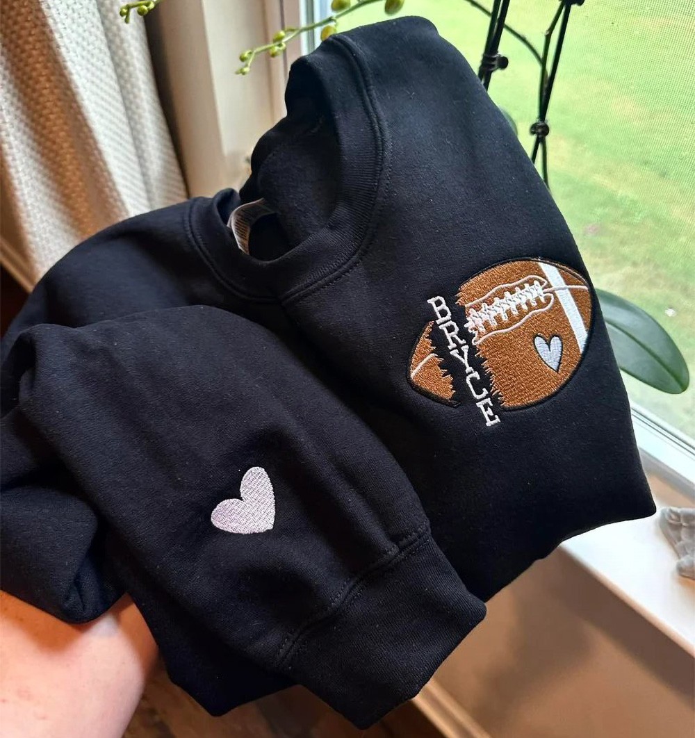 Personalized Football Name Embroidered Sweatshirt Hoodie with Number On Sleeve Unique Gift for Husband Son