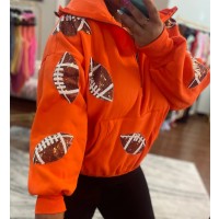 Custom Football Sequin Hoodie Sparkly Zip Up Sweatshirt with Pocket Game Day Gift