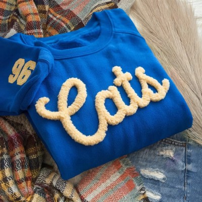 Personalized Chenille Embroidered Team Sport Sweatshirt with Game Day Fuzzy Letter Unique Gift for Game Day