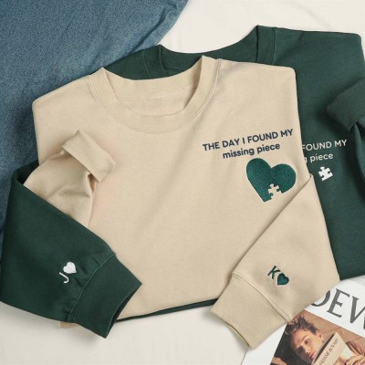 Custom Embroidered Heart and Puzzle Piece Couples Hoodie with Initial On Sleeve Anniversary Gift Valentine's Day Gifts