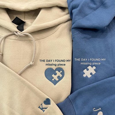 Custom Embroidered Heart and Puzzle Piece Couples Hoodie with Initial On Sleeve Anniversary Gift Valentine's Day Gifts