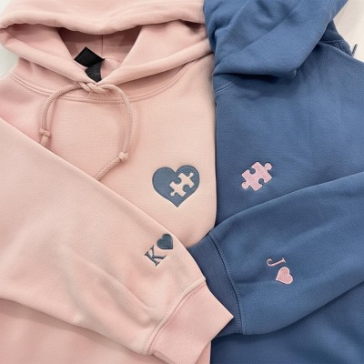 Custom Embroidered Heart and Puzzle Piece Couples Hoodie with Initial On Sleeve Anniversary Gift Valentine's Day Gifts