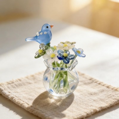 Handmade Mini Glass Flower Bouquet with Bird Timeless Gift for Mom or Friend