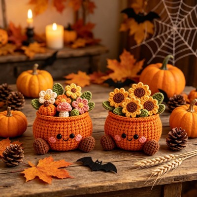 Crochet Pumpkin Flower  Pot Holiday Decor