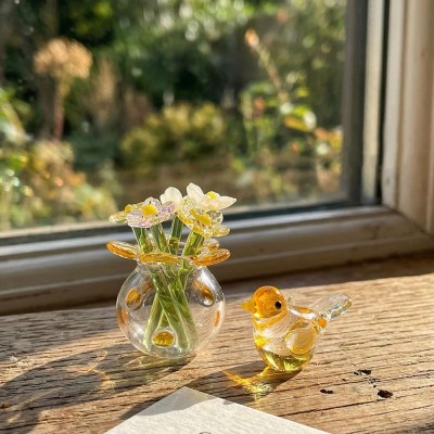 Handmade Mini Glass Flower Bouquet with Bird Timeless Gift for Mom or Friend