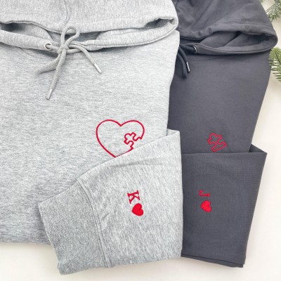 Custom Embroidered Heart and Puzzle Piece Couples Hoodie with Initial On Sleeve Anniversary Gift Valentine's Day Gifts