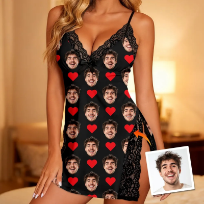 Custom Lace Nightgown Black Base Heart and Portrait Camisole V-Neck Style Valentine's Day Gift for Her