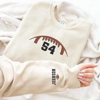 Personalized Football Number Embroidered Sweatshirt with Name on Sleeve Hoodie Game Day Gift for Men Women