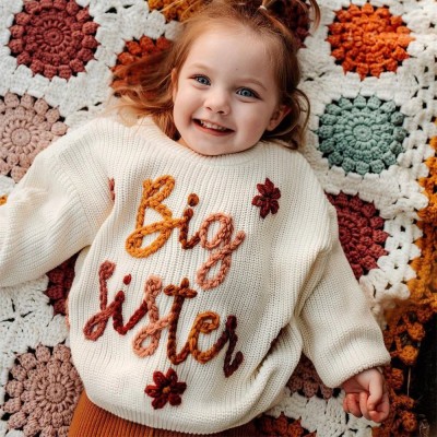 Personalized Big Sister Hand-Embroidered Sweater Personalized Knit Newborn Outfit Unique Baby Gift 