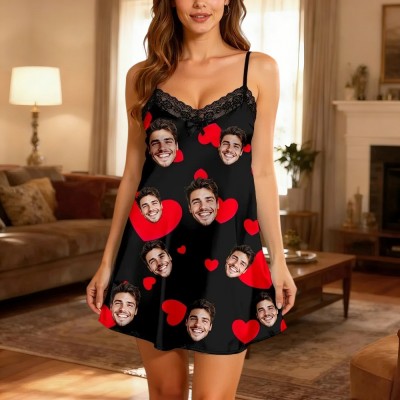 Custom Lace Nightgown with Your Face Red Heart Love Unique Valentine's Day Gift for Her