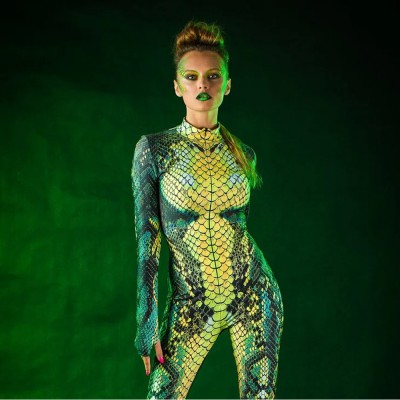 GREEN MAMBA Costume Catsuit with Tattoo Back Detail Perfect Halloween Gift Idea for Women