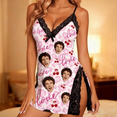 Custom Lace Nightgown With Your Face Cherry Graphic Love Unique Gifts for Her Valentine's Day Gift Ideas