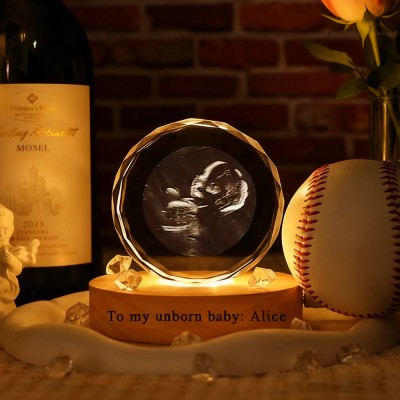 Personalized Round 3D Crystal Baby Ultrasound Photo Portrait Night Light with Base New Mom Gift Christmas Gifts