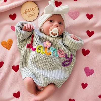 Custom Hand-Embroidered Sweater with Baby Name Personalized Knit Newborn Outfit for Mom Baby Shower Gift Ideas
