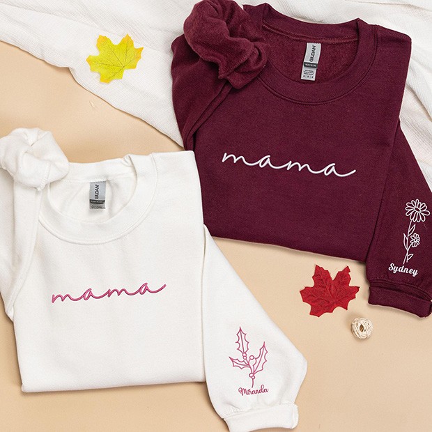 Personalized Mama Embroidered Sweatshirt Hoodie with Mama Birth Flowers&Kids Names on Sleeve For Mom Grandma Mother's Day Gift Ideas