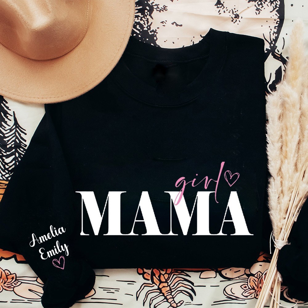 Custom Girl Mama Sweatshirt with Kids Names on Sleeve Mom Of Girls Hoodie New Mom Gift Momma Birthday Gifts Mother's Day Gift