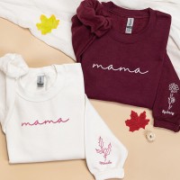 Personalized Mama Embroidered Sweatshirt Hoodie with Mama Birth Flowers&Kids Names on Sleeve For Mom Grandma Mother's Day Gift Ideas