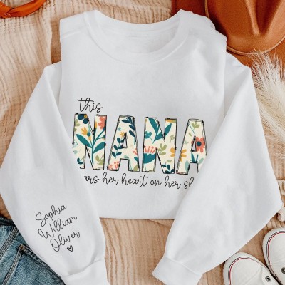 Personalized This Nana Wears Her Heart on Her Sleeve Sweatshirt Hoodie Mother's Day Gift