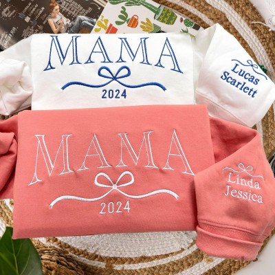 Custom Mama Embroidered Sweatshirt with Kids Names and Bow on Sleeve for Mom Grandma Mother's Day Gift Ideas