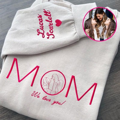 Custom Mom Embroidered Portrait Photo Sweatshirt with Kids Names on Sleeve Gift Ideas for Mom New Mom Gift Mother's Day Gifts