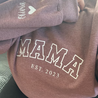 Custom Embroidered Mama Sweatshirt With Kids Names on Sleeve for Mom Grandma New Mom Gift Mother's Day Gift Ideas