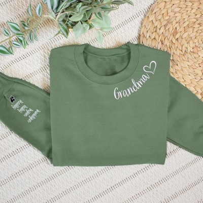 Custom Grandma Embroidered Sweatshirt Hoodie With Grandkids Names On The Sleeve Gift For Mom Grandma