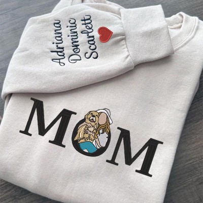 Mom Embroidered Photo Portrait Sweatshirt with Kids Names on Sleeve Custom Gifts for Mom New Mom Gift Mother's Day Gift 