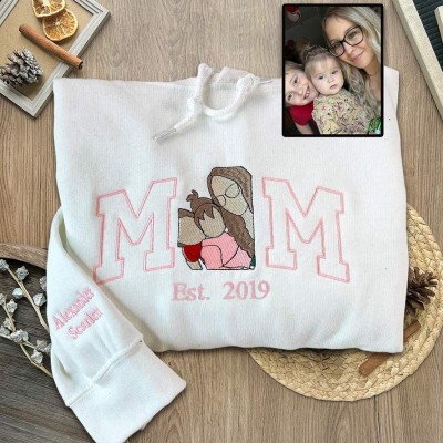 Custom Embroidered Mama Photo Portrait Hoodie with Kids Names on Sleeve Gifts for Mom Mother's Day Gift Ideas