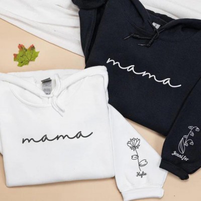 Custom Mama Embroidered Sweatshirt Hoodie with Mama Birth Flowers&Kids Names on Sleeve For Mother's Day Gift