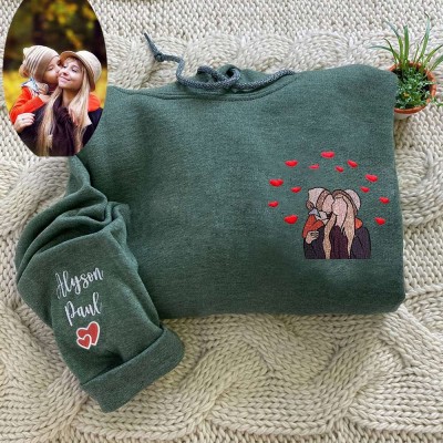 Custom Embroidered Mom Portrait Photo Sweatshirt with Kids Names on Sleeve Unique Gifts for Mom New Mom Gift Mother's Day Gift