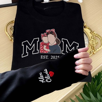 Custom Embroidered Mom Photo Portrait Sweatshirt with Kids Names on Sleeve Keepsake Gifts for Mom Unique Mother's Day Gift