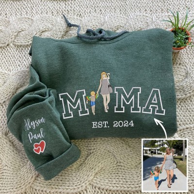 Custom Mama Embroidered Photo Portrait Sweatshirt Hoodie with Kids Names on Sleeve Gifts for Mom Mother's Day Gift