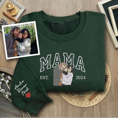 Personalized Mama Embroidered Photo Portrait Sweatshirt with Kids Names on Sleeve Gifts for Mom New Mom Gift Mother's Day Gifts