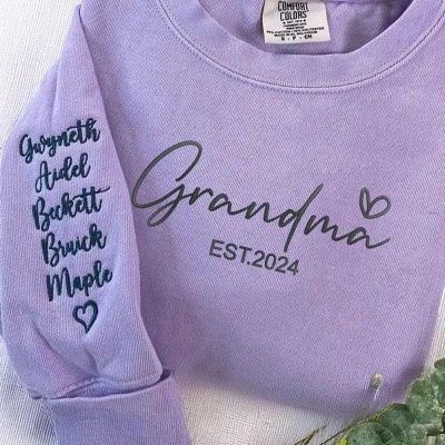 Personalized Embroidered Grandma Sweatshirt with Kids Names on Sleeve For Mom Grandma Mother's Day Gift Ideas