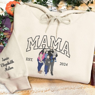 Custom Embroidered Mama Photo Portrait Hoodie with Kids Names on Sleeve Gifts for Mom Mother's Day Gift Ideas