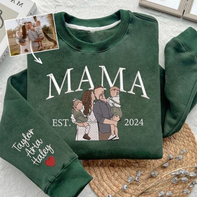 Custom Mama Embroidered Photo Portrait Sweatshirt with Kids Names on Sleeve Gifts for Mom New Mom Gift Mother's Day Gift