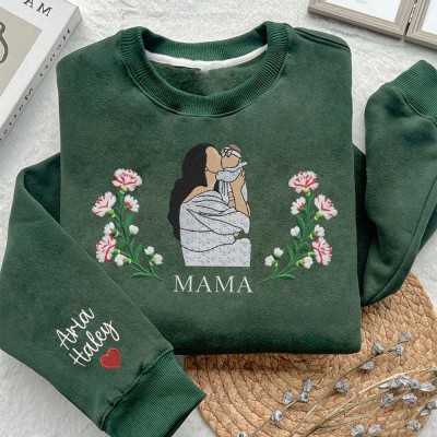 Personalized Mama Embroidered Portrait Photo Sweatshirt with Kids Names on Sleeve Gifts for Mom Mother's Day Gift Ideas