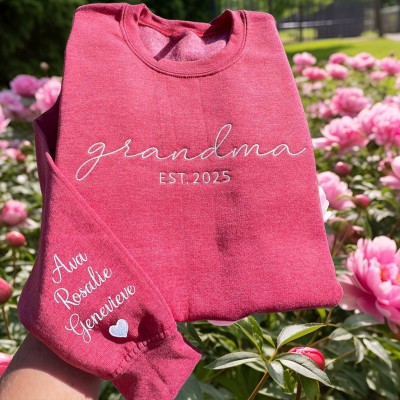 Custom Embroidered Grandma Sweatshirt with Kids Names on Sleeve Unique Gifts for Grandma Mom Mother's Day Gift
